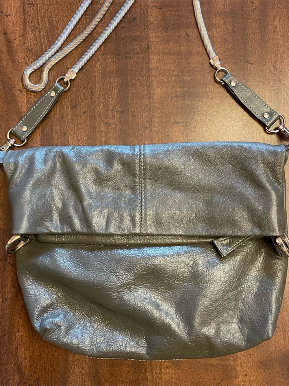 latico metallic gray leather crossbody bag